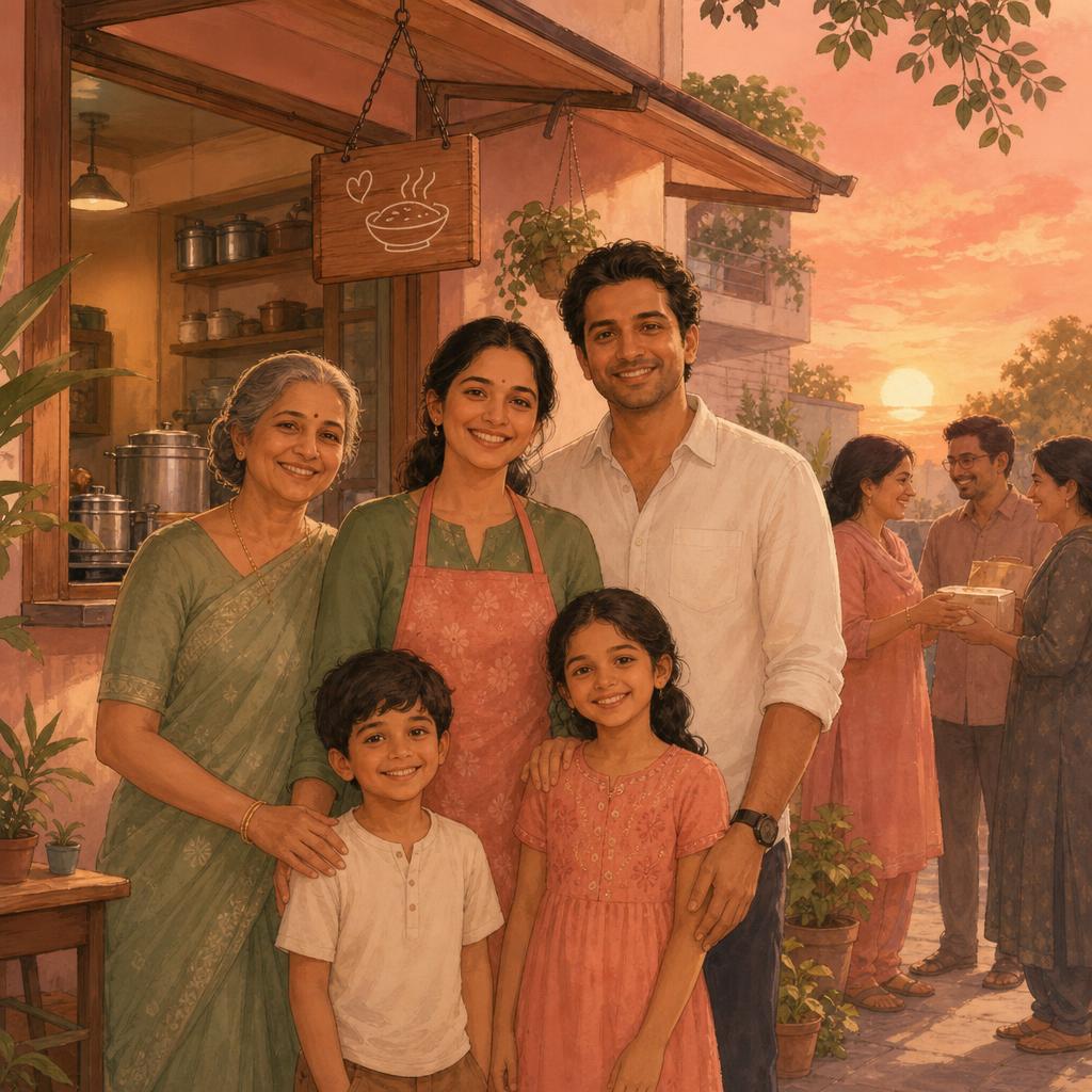 A homemaker with her family in front of their home
